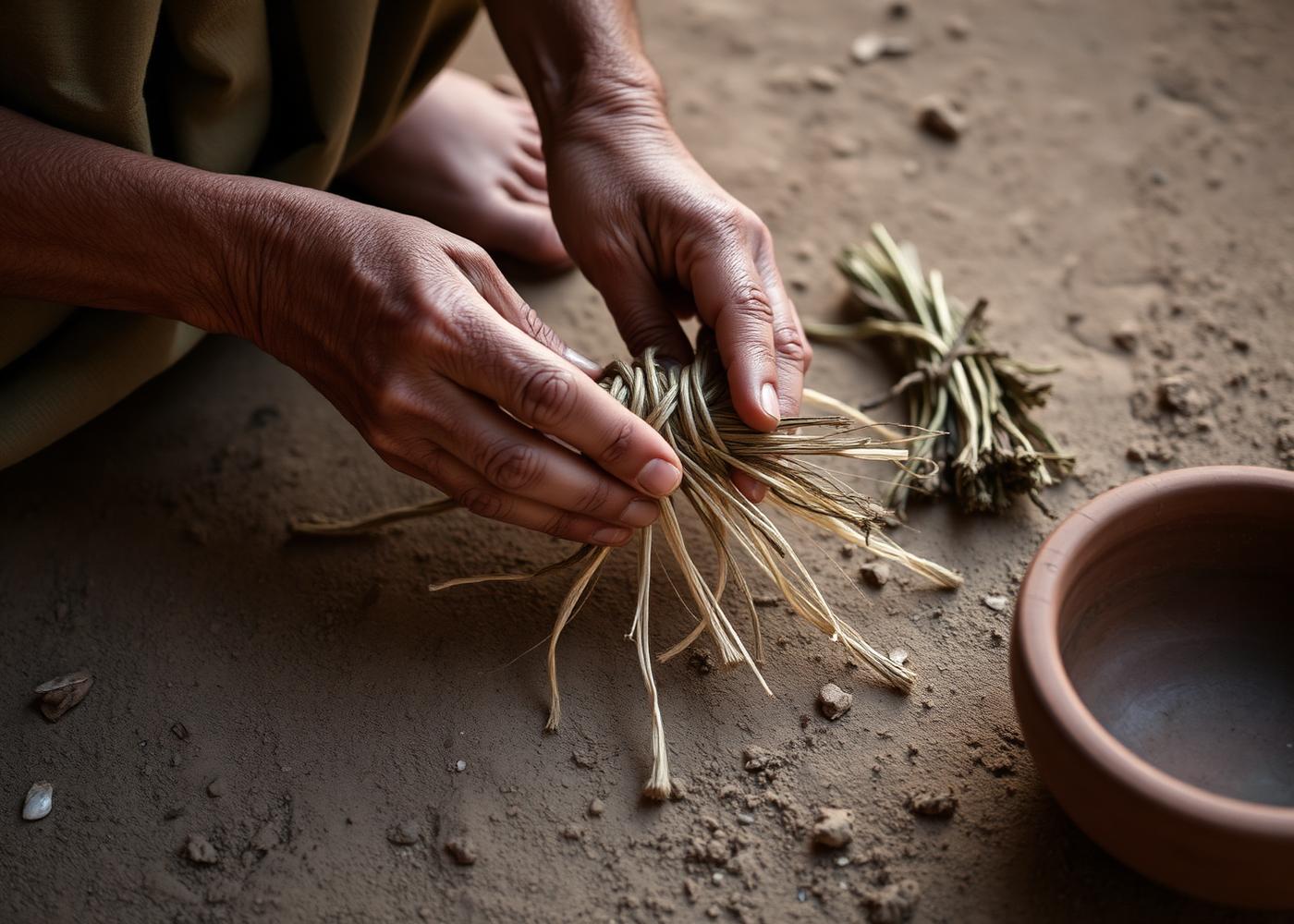 Hands weaving plant fibre beside a clay bowl on earthen ground