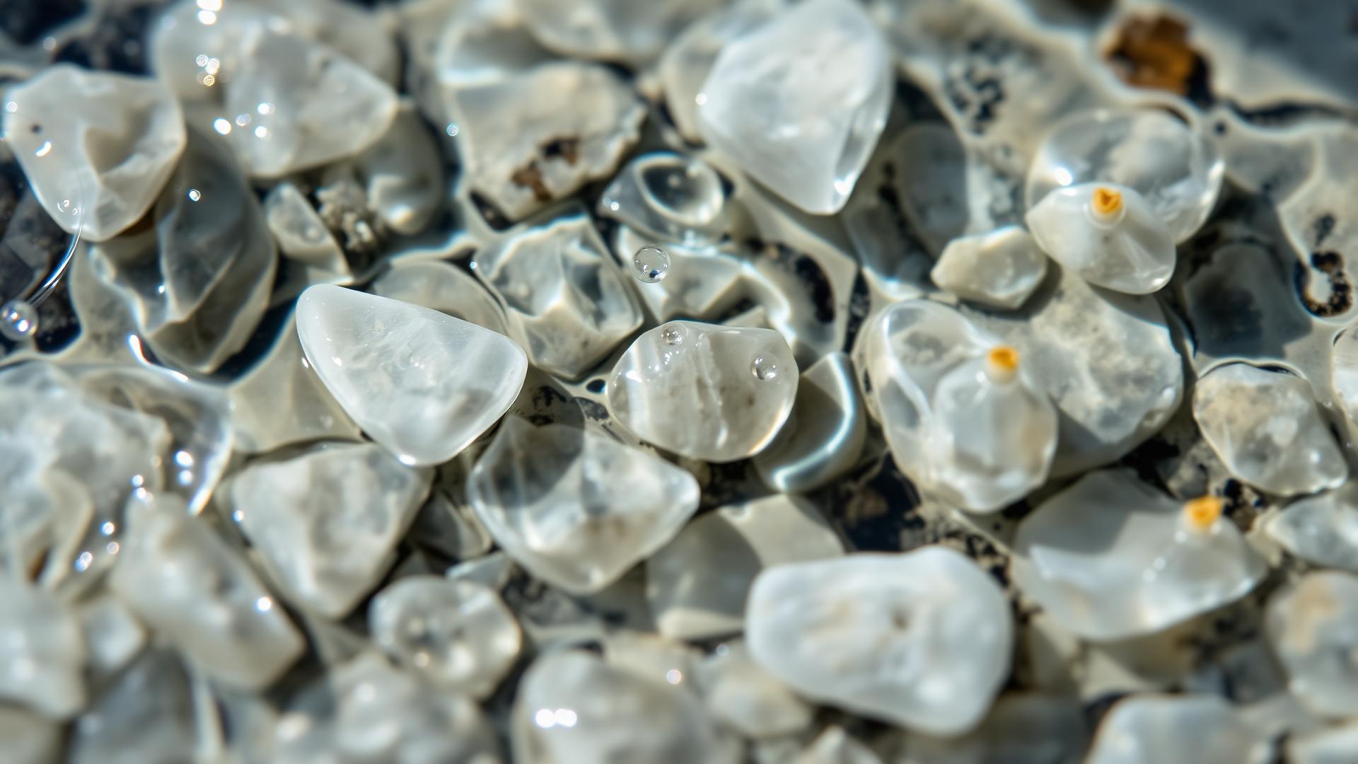 Close-up of clear spring water over pale quartz stones