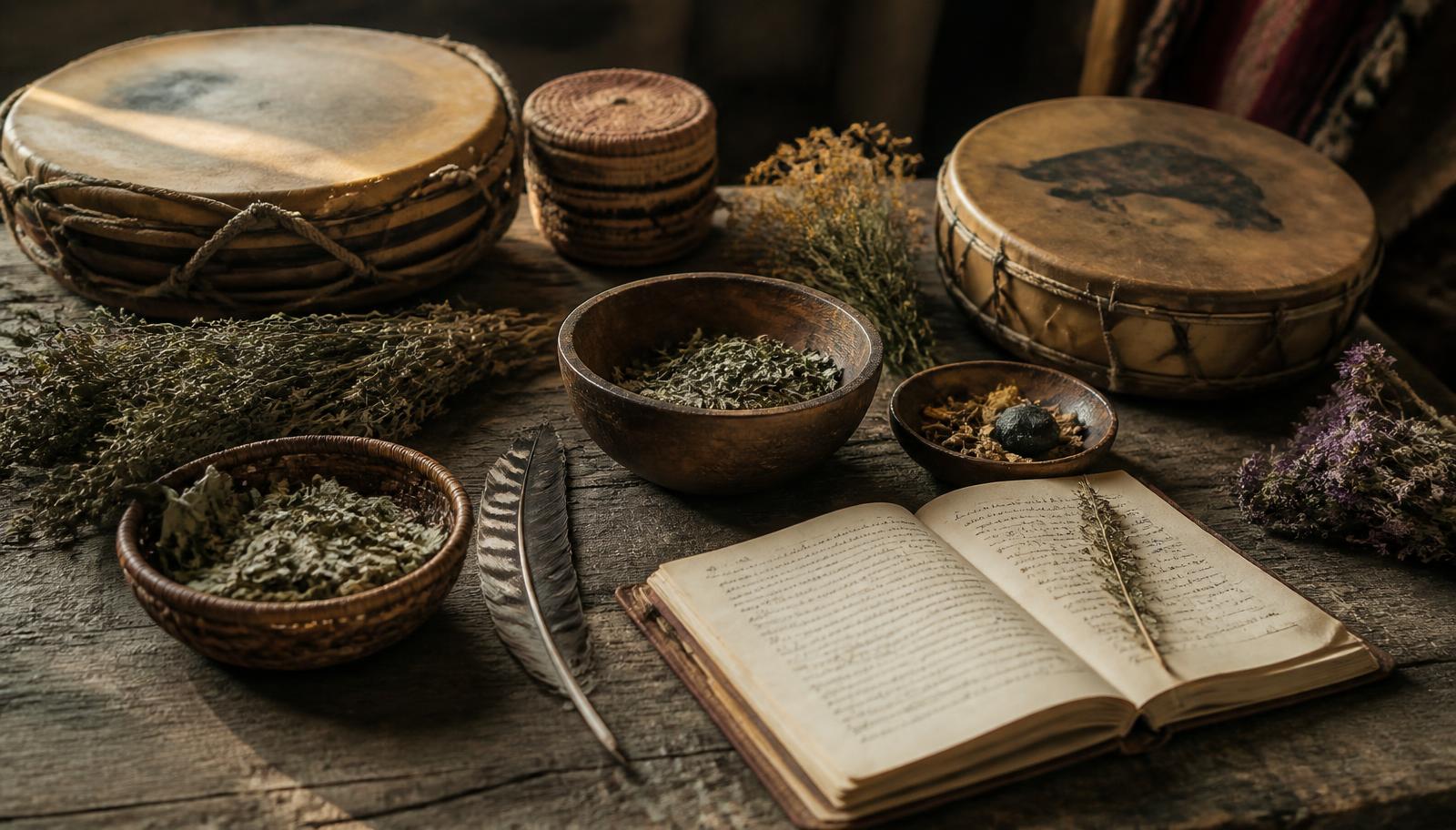 Hand drums, woven baskets, dried medicinal plants and a notebook on a wooden table