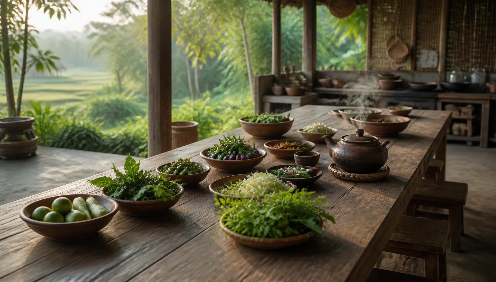 Long communal wooden table with clay bowls, herbs and a teapot in morning light