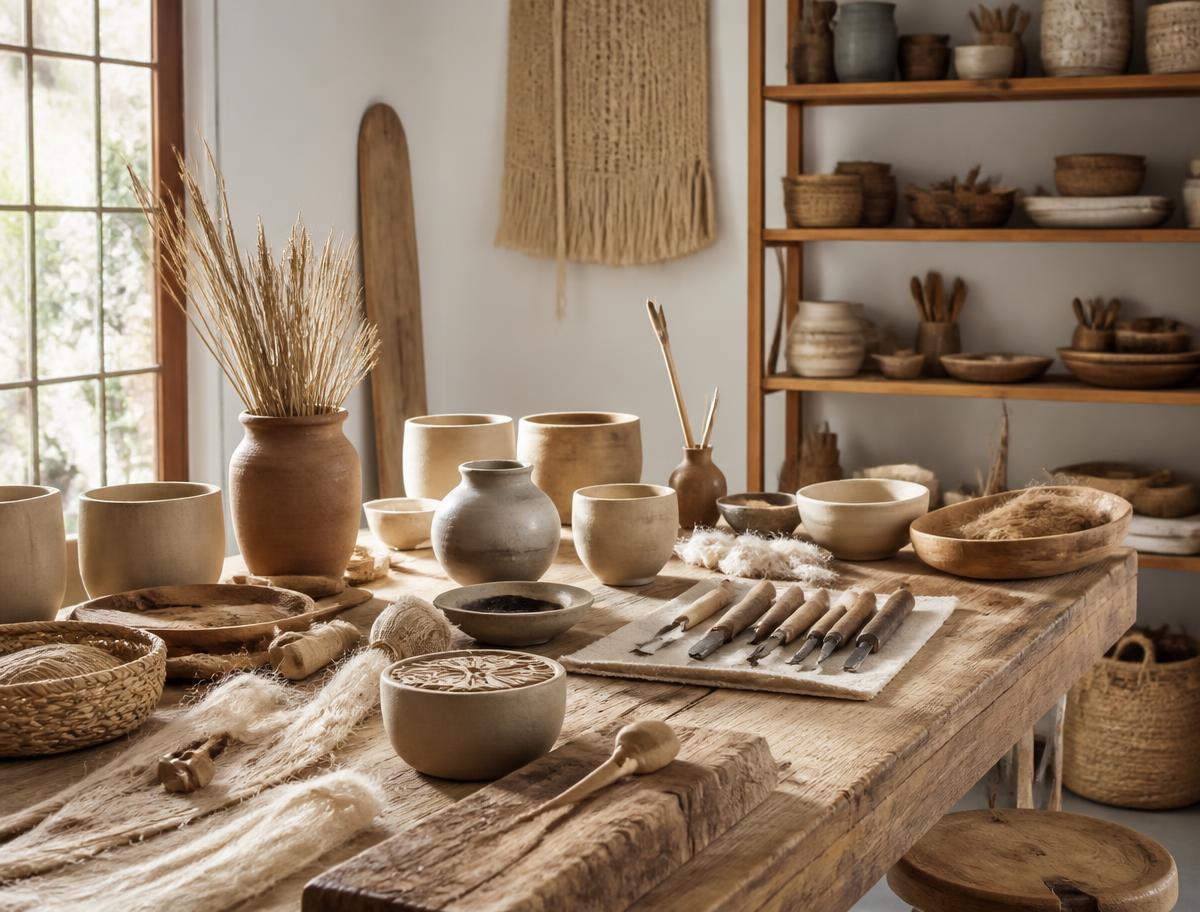 Atelier com cerâmicas, fibras e ferramentas de madeira sobre mesa rústica
