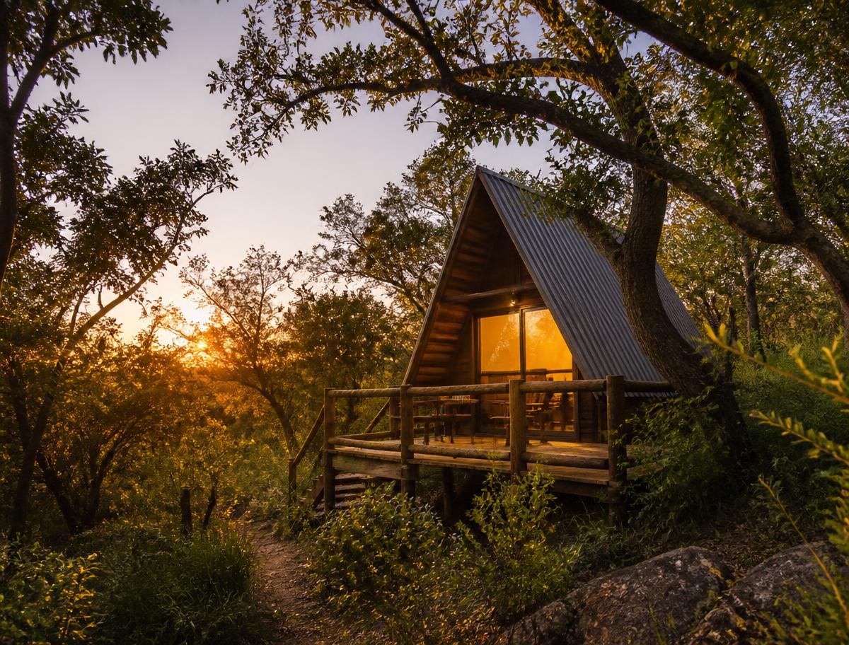 Cabana A-frame de madeira entre árvores ao entardecer