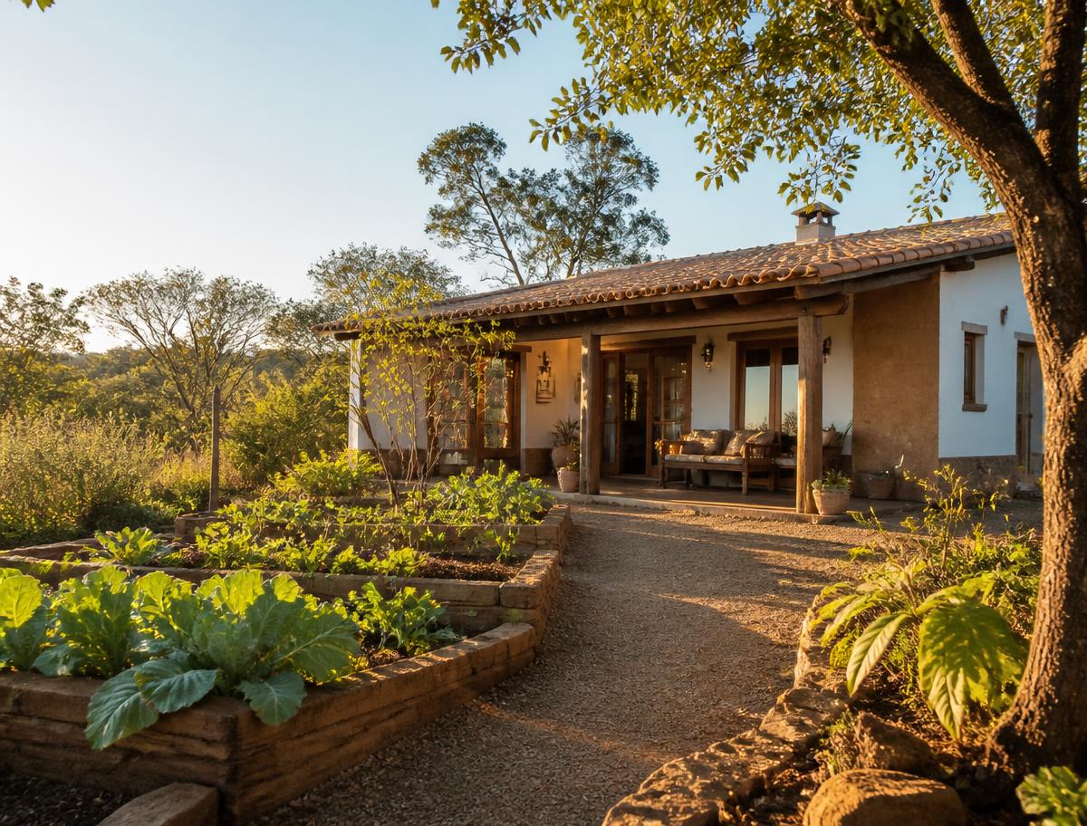 Casa de campo com varanda de madeira e horta ao redor