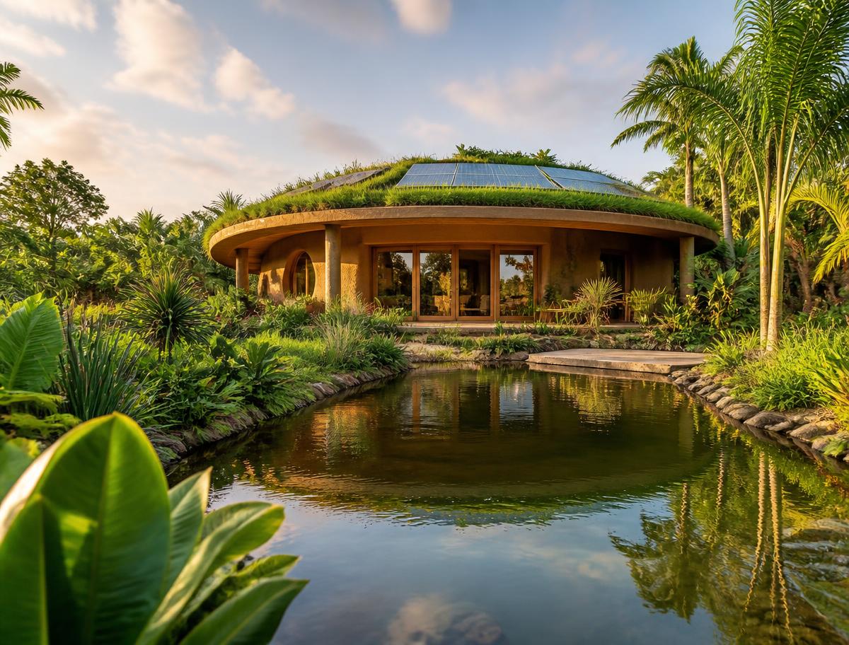 Construção circular de terra com telhado verde, painéis solares e lago de retenção