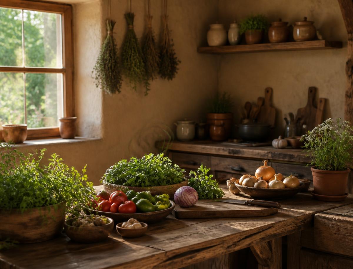 Cozinha rústica de barro com ervas, verduras e balcão de madeira