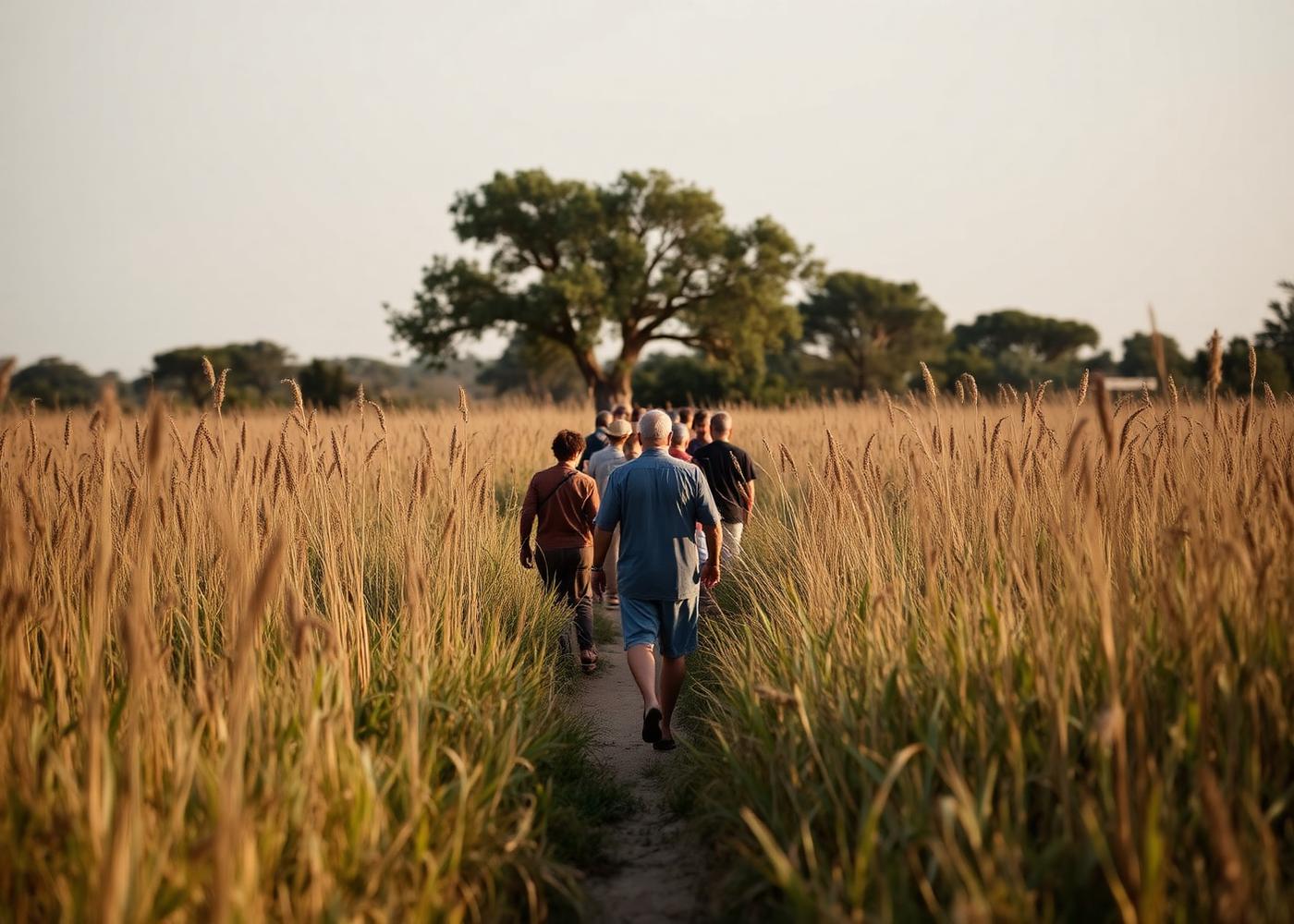 People walking a narrow path through tall grasses at dusk