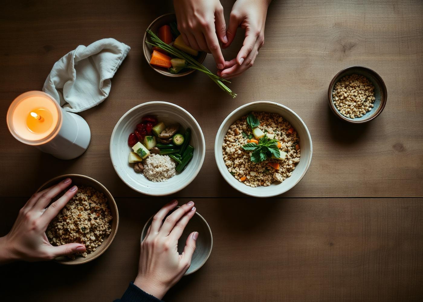 Shared meal of simple bowls on a wooden table by candlelight