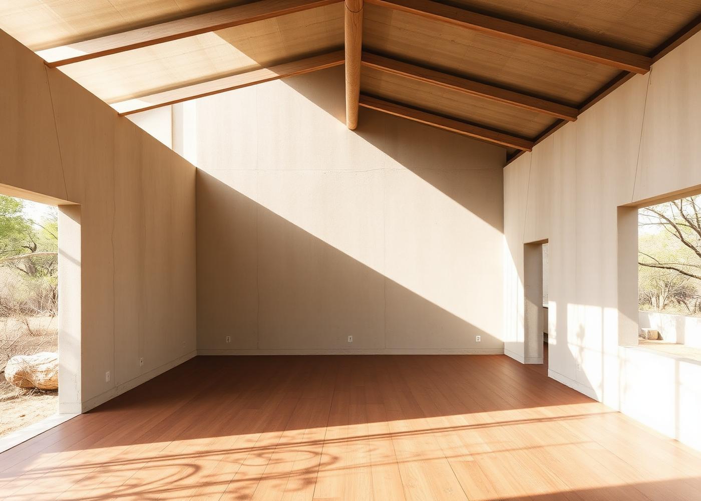 Open studio with wooden floor and daylight falling across bare walls