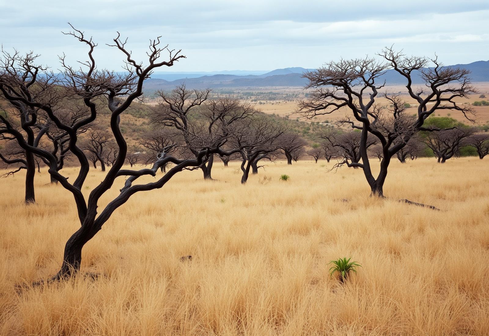 Wide Cerrado landscape with twisted trees and distant plateaus